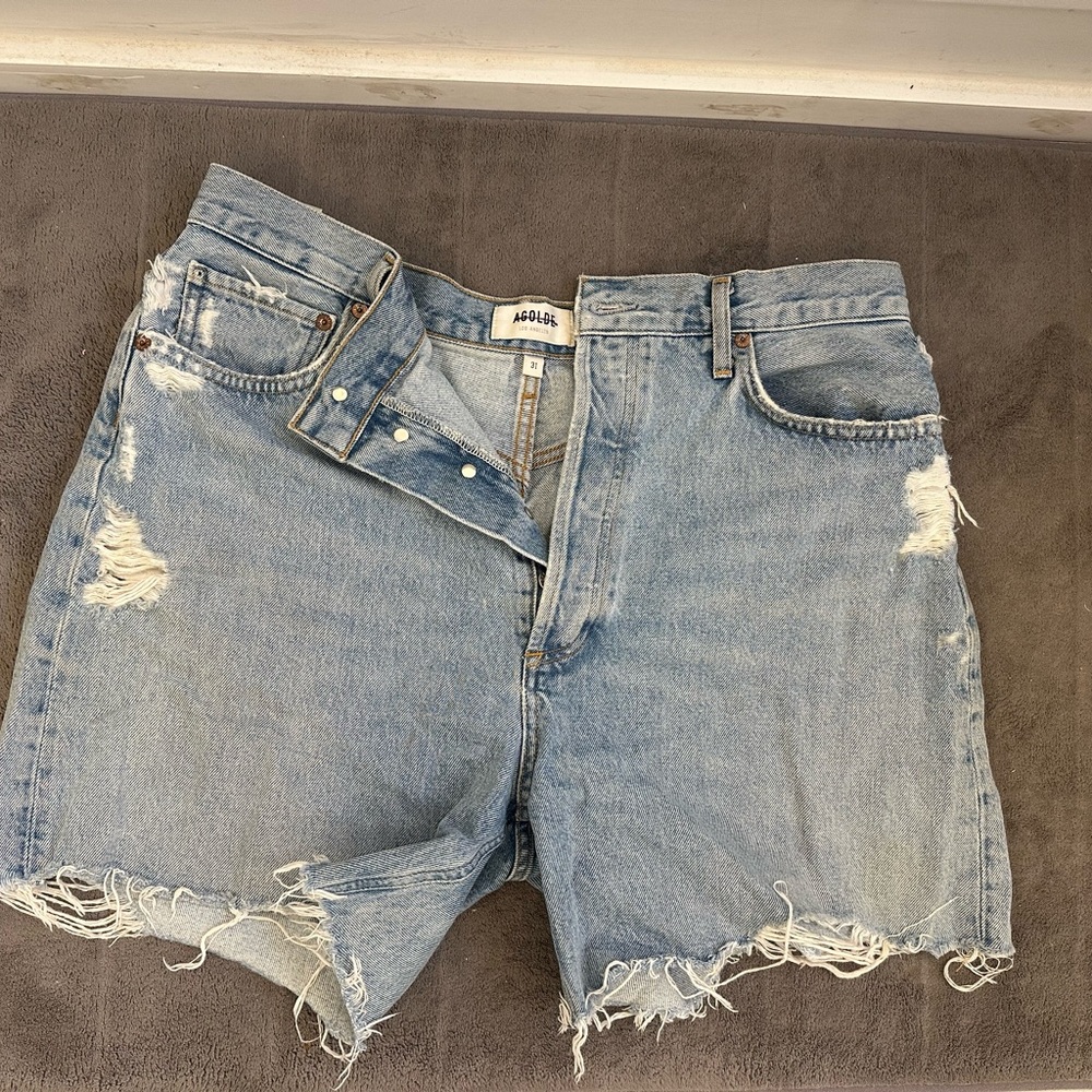 Agolde Light Blue Distressed Jean Shorts